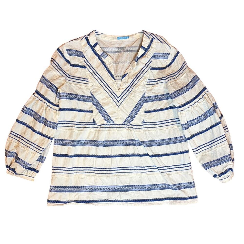 J. McLaughlin Women's Striped Tunic Blouse SMALL Blue and White Peasant Boho